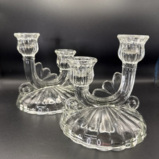 Vintage Jeannette Glass Iris Herringbone double candlestick holder pair clear picture