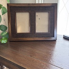 Rare Woods Double Photo Picture Frame Wood  and Rattan 10x13in picture