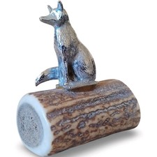 Vintage Silver Tone Fox Pewter Figurine On Real Deer Antler Base Rustic Cabin  picture