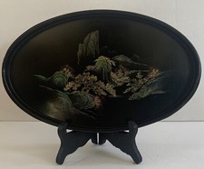 VTG Asian lacquer Oval Serving Tray painted landscape Gold Color Accents Bar 12” picture