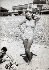 Lady at the Beach in Bathing Suit~B&W Glass Photo Slide SVE Vintage c1940-50’s picture
