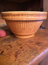 ATQ/VTG Stoneware / Yellowware Brown Glazed Mixing Bowl Embossed Wood Pattern #7 picture