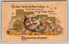 C1910 RARE NASH ANTHROPOMORPHIC MOON STARS GLOBE SUN GILT HOLLIS NH Postcard Q24 picture