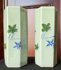 Pair Vintage Mid Century Celadon Green Ceramic Vases Hand Painted Floral 8 3/4”  picture