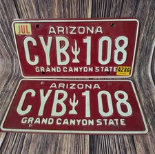 2 Matched Pair Arizona 1986 Maroon Cactus Grand Canyon State License Plate Set picture