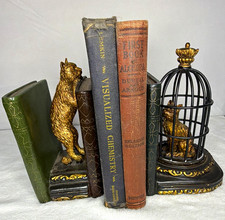Vintage Whimsical Peeking Cat Book Bookend Gold Green Bronze picture