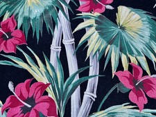 30's Miami Beach Art Deco FAN PALMS & Hibiscus on BLACK Barkcloth Vintage Fabric picture