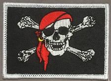 Jolly Roger Pirate Flag Skull and Crossbones with red bandana Iron on Patch picture