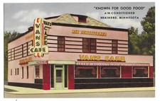 Brainerd, MN Minnesota old Postcard, Van's Cafe by Curt Teich picture