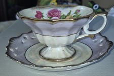 Vintage Lusterware Pedestal Tea Cup and Saucer Floral Gold Trim Iradesecent  picture