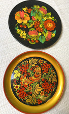Vtg 2 Art Russian Folk Art Strawberry Bird Wood Plate Wall Hanging Home Decor picture