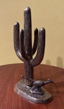Vintage Saguaro Cactus & Roadrunner Brass Dessert MCM Decor picture