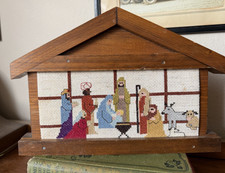 Christmas Completed Cross Stitch Nativity Scene Handmade Wall Hanging Decor Wood picture