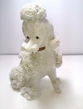 Vintage Mid Century White Spaghetti Glass French Poodle Dog Figurine Statue Milk picture