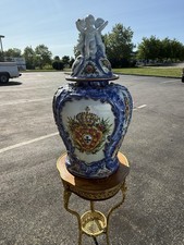 Monumental 29” Vestal Alcobaca Portugal Hand Painted Floor Urn Vase Cherub picture