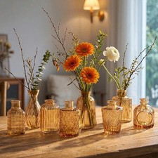 Tomnk 18pcs Glass Bud Vase Set, Bulk Amber/Clear/ Pink/ Blue Mini Vintage Flower picture