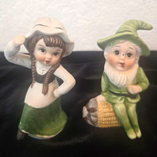 Vintage Hand Painted Ceramic Figurines Irish Girl & Gnome /Leprechaun Figurines  picture
