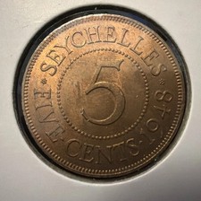 1948 Seychelles 5 Cents HIGH GRADE  Bronze Coin-28.4MM-GeorgeVI-MINTAGE=300,000 picture
