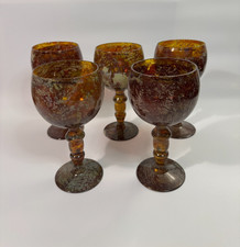 Neiman Marcus Red Moss Agate Goblets Set 5 Vintage Hand Blown Art Glass Poland picture