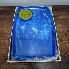 Vintage MCM Dinner Trays w/ Coasters Blue White Swirl Atomic Pattern Set of 4 picture