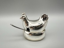 Vintage Silverplate Mini Hen on Nest Salt Cellar + Spoon + Plastic Liner Japan picture