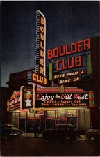 Las Vegas Nevada Oldest Club & Bar Boulder Club Casino at Night Vintage Postcard picture