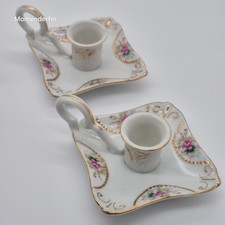 Vintage Porcelain Chamberstick Candle Holder Pair Pink Rose Gold Finger Loop picture