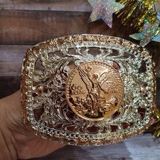 Centenario Western Belt Buckle Rosetone Silver Pink Rhinestone Faux Mexican Peso picture