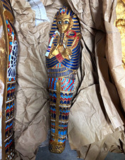 Egyptian Sarcophagus & Mummy Figurine Lot w/ Coffin Lids Gold Blue Red picture