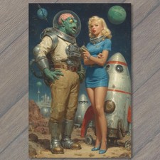 POSTCARD Retro Sci Fi Alien Astronaut Pinup Space Girl Rocket Ship Planets picture