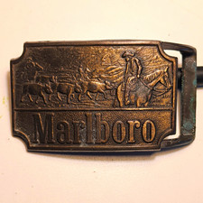 Vintage Marlboro Brass Belt Buckle 1970s Cowboy Cattle Drive Western Tobacciana picture