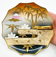 Vintage Japan Porcelain Lemon Server Dish w/ Bamboo & Mt Fuji Gold picture