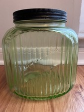 Vintage Green Depression Glass Ribbed Cookie Jar 1930's picture