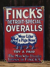 VINTAGE FINCK’S DETROIT-SPECIAL OVERALLS PORCELAIN SIGN ABOUT 9