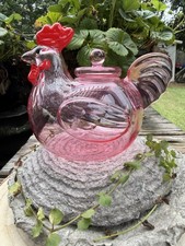 Pink Glass Rooster Hen Covered Candy Dish Trinket Jar Chicken Farmhouse Decor picture