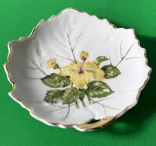 Nasco Japan Leaf Shape Gold Trim Trinket Plate Yellow Hibiscus Floral Design picture