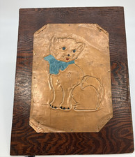 Vtg Hammered Copper Kitten Mounted on Wood Quirky Cottagecore Kitschy picture