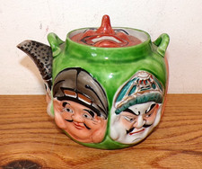 Vintage Japanese Banko Ware Teapot, Green with Faces, Needs Handle picture