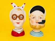 Vintage Sailor & Lady Ceramic Head Bust Figurines Pipe Glasses MCM Kitsch Japan picture