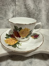Vintage Royal Grafton Teacup & Saucer Red & Yellow Roses England Bone China Gold picture