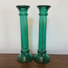 MCM Emerald Green Glass Column Candlestick Holders Pair 9” Vintage Pillar Taper picture