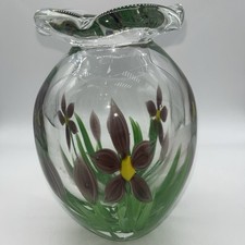 Cased Glass Handpainted Purple Flower Floral Vase Double Walled Paperweight picture