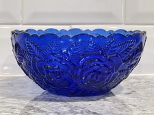 Vtg Cobalt Blue Bowl Candy Dish Trinket Scalloped Rim Flowers Roses Floral NL picture