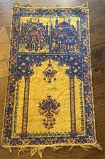 Vintage Hand-Knotted Islamic Prayer Rug Mecca And Medina Mosque Pictorial Wool picture