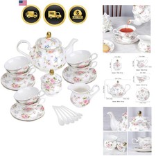 21 Pieces Pink Blue Floral Porcelain Tea Set with Gold Trim, British Style Co... picture