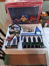 VTG 1994 Crystal Village Lighted Stained Glass Houses  set of 3 w/Box picture