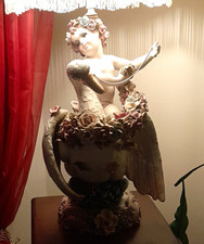 Ceramic Cherub Angel Figurine w/ Swan & Floral Decor, 3D Effect Beige Pink picture