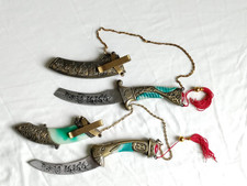 Vintage Chinese Miniature Sword Letter Openers Pair Ornate Dragon & Procession D picture