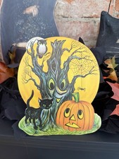 VTG Small 1950s/60s Die Cut Featuring Spooky Tree, Cat, Owl, And Jack-o-lantern picture