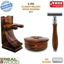 3 PC WOODEN SHAVING SET -  DOUBLE EDGE SAFETY RAZOR, WOOD STAND, SHAVE MUG BOWL picture